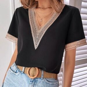 Bohemian V-neck Lace Solid Minimalist Blouse BlacK